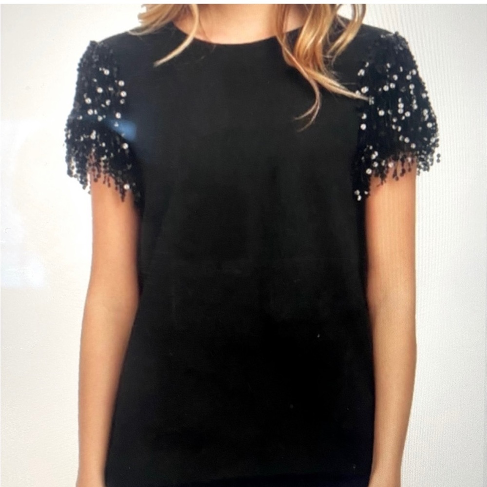 Kate Spade crepe blouse with sequin sleeves. Black, size 6.